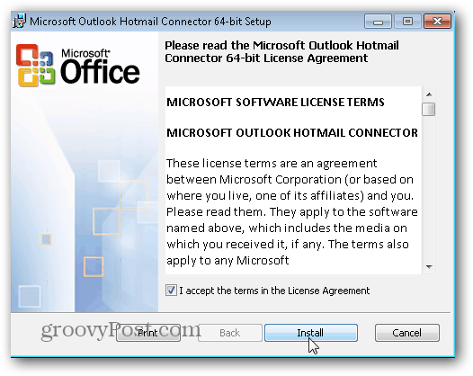 Outlook.com Outlook Hotmail Connector: fare clic su Installa