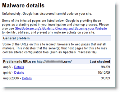 Dettagli sul malware di Strumenti per i Webmaster di Google