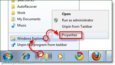 regolare le proprietà del collegamento sulla barra delle applicazioni di Windows Explorer