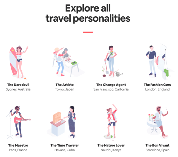 Esempio di una pagina di tutti i risultati con i risultati che l'utente può esplorare dal quiz Travel Matcher di Airbnb.