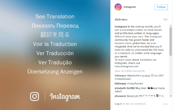 pulsante di traduzione di Instagram