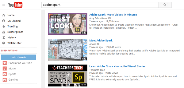 Adobe Spark ricerca su YouTube