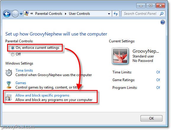 attiva il controllo genitori in Windows 7 per un utente specifico e quindi consenti e blocca programmi specifici