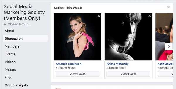 Facebook evidenzia quali membri del gruppo sono stati i più attivi questa settimana nel gruppo.