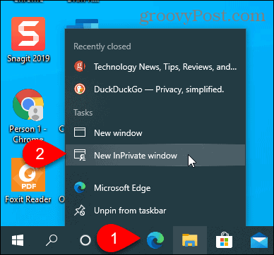 Seleziona Nuova finestra InPrivate sull'icona Edge sulla barra delle applicazioni