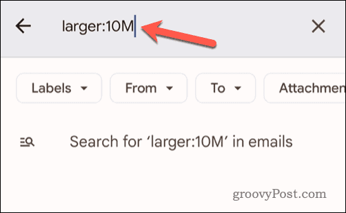 Impostazione dei criteri per le dimensioni delle email nella barra di ricerca di Gmail sul dispositivo mobile