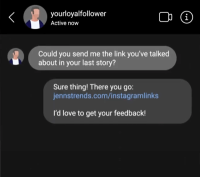 esempio di un messaggio diretto Instagram con un collegamento incluso nella risposta del messaggio