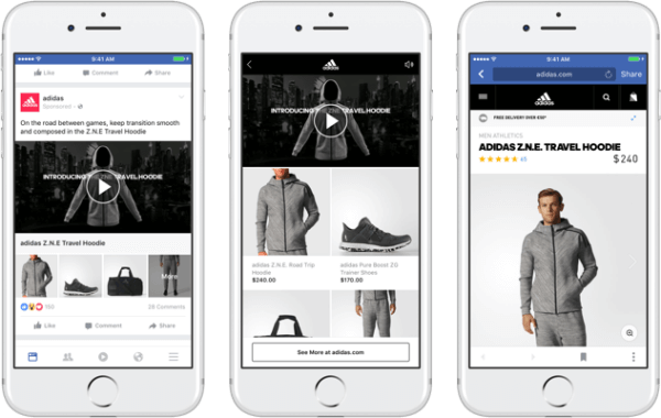 Con il nuovo formato dell'annuncio della raccolta di Facebook, i marchi possono presentare un video o un'immagine principale che porta a un'esperienza di acquisto coinvolgente e veloce su Facebook. 