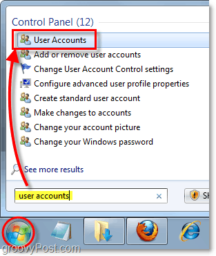 aprire il pannello di controllo degli account utente in Windows 7