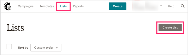In Mailchimp, fai clic sulla scheda Elenchi nella parte superiore della pagina principale, quindi fai clic su Crea elenco sul lato destro dello schermo.