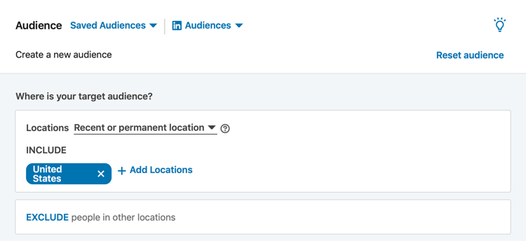 Sezione del pubblico di LinkedIn durante la configurazione della campagna