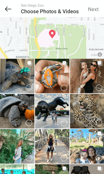 esempio crea una guida ai luoghi di Instagram per @sandiegozoo nell'opzione per selezionare foto e video con diversi post di esempio offerti per la selezione