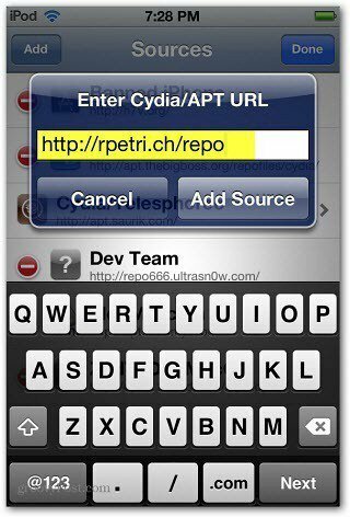 Inserisci l'URL APT di Cydia