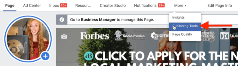 esempio di pagina aziendale di Facebook nel gestore aziendale di Facebook con l'opzione di menu degli strumenti di pubblicazione evidenziata