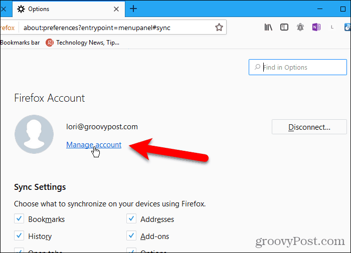 Fai clic su Gestisci account in Firefox per Windows
