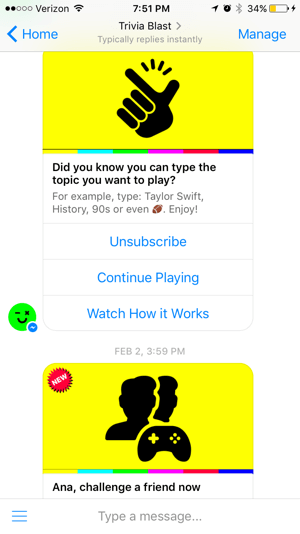 Il chatbot di Trivia Blast si concentra sui giochi a quiz a cui gli utenti possono giocare, ma mantiene anche un alto livello di interazione con opzioni come 