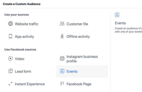 Come promuovere il tuo evento dal vivo su Facebook, passaggio 10, creare un pubblico personalizzato in Facebook Ads Manager in base alle visualizzazioni della pagina dell'evento