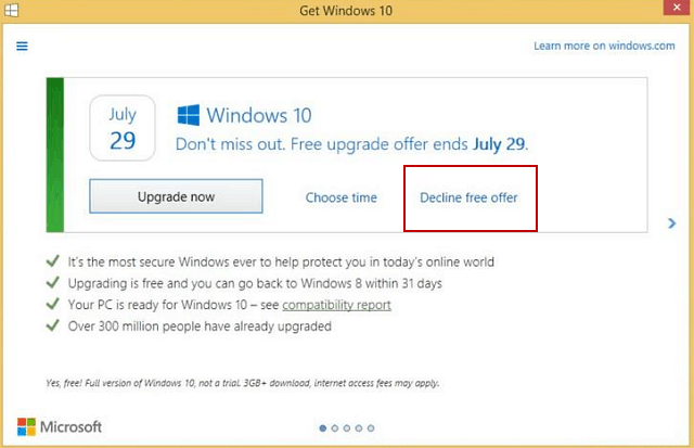 Microsoft semplifica il rifiuto dell'aggiornamento gratuito di Windows 10