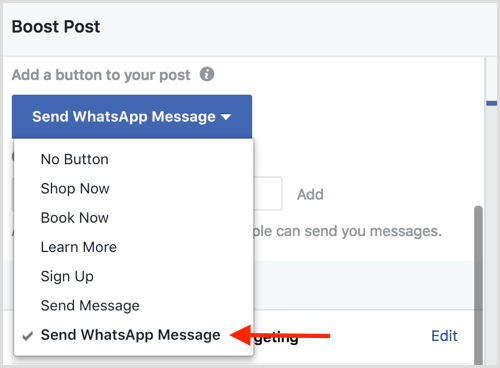 Seleziona l'opzione Invia messaggio WhatsApp quando esegui il boost di un post di Facebook.