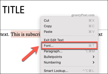 Accesso al menu delle opzioni dei caratteri in Powerpoint su Mac