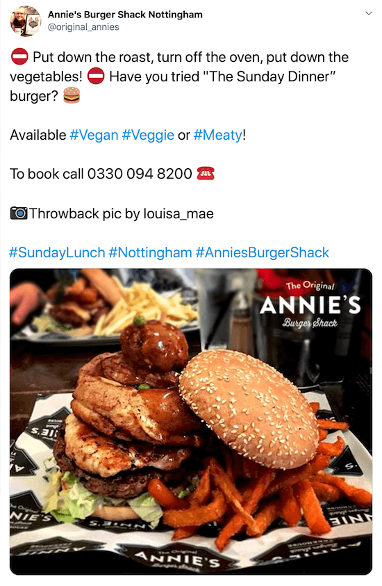 screenshot del post su Twitter di @original_annies con una foto di un hamburger e patatine fritte con una descrizione accattivante, il loro numero di telefono, credito dell'immagine e hashtag