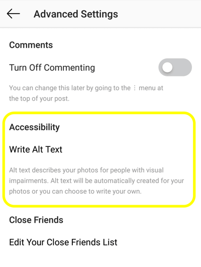 Come aggiungere testo alternativo ai post di Instagram, passaggio 2, opzione di accessibilità del post di Instagram per impostare il tag alt
