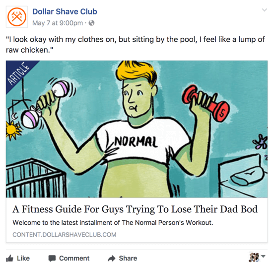 Dollar Shave Club condivide contenuti pertinenti e intelligenti sulla sua pagina aziendale di Facebook.