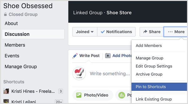 Facebook aggiunge un gruppo alle scorciatoie