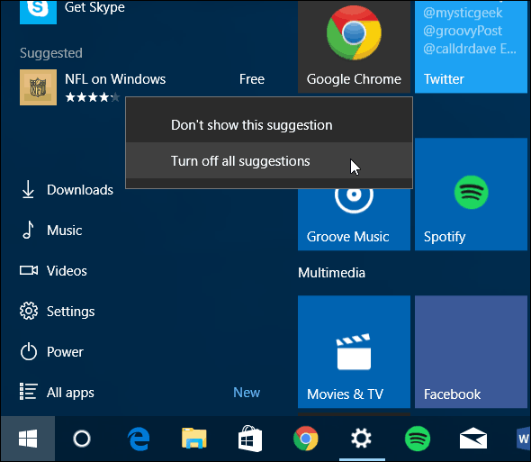 Menu Start di Windows 10 Disattiva le app consigliate