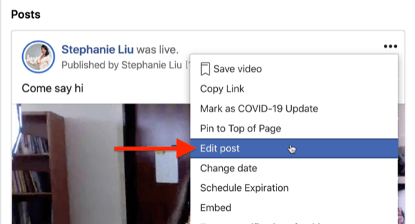 opzione per modificare il post del live streaming di Facebook sotto il menu dei tre punti nell'angolo in alto a destra del post in streaming