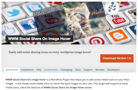 wwm social share sullo screenshot del plug-in image hover