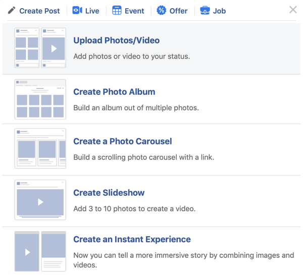 Come configurare Facebook Premiere, passaggio 2, opzione caricamento foto / video