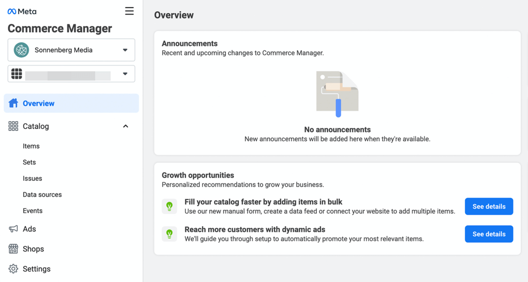 immagine della schermata Panoramica di Meta Commerce Manager