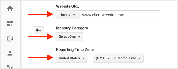 Inserisci le informazioni per creare un nuovo account cliente dal tuo account Google Analytics.