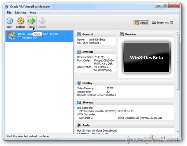 VirtualBox Windows 8 avvia vm