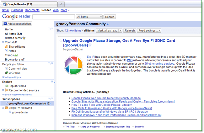 Il lettore di feed di Google funziona perfettamente leggendo i tuoi feed RSS