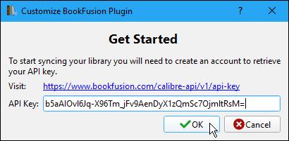 Immettere la chiave API nella finestra di dialogo Personalizza plug-in BookFusion in Calibre
