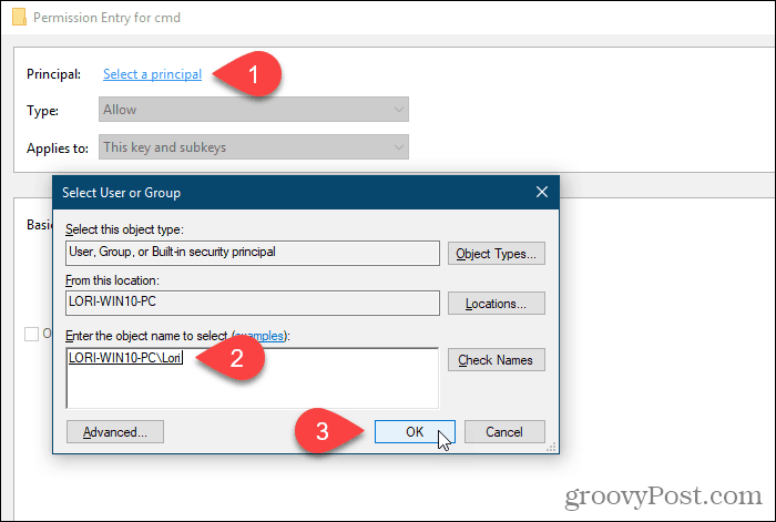 Fai clic su Seleziona un'entità e seleziona un utente o un gruppo per le autorizzazioni nel registro di Windows