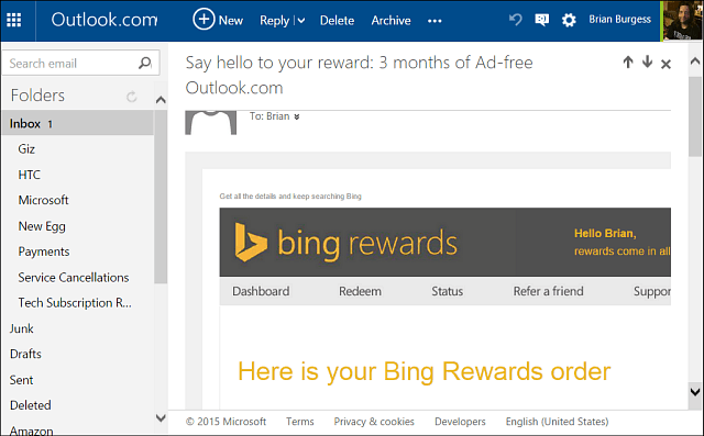 Outlook senza pubblicità Bing Rewards