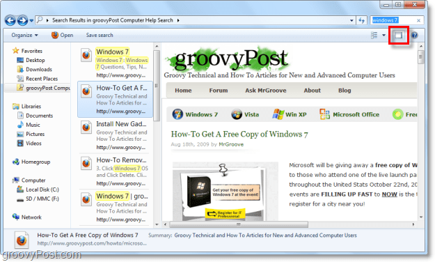 utilizzare il riquadro di anteprima di Windows 7 per visualizzare i siti Web tramite il connettore di ricerca nella finestra di Explorer