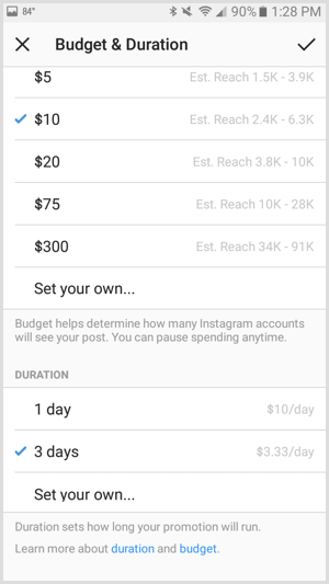 Budget impostato per la promozione degli annunci Instagram