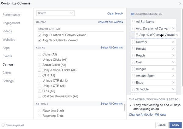 Opzioni metriche della tela di Facebook