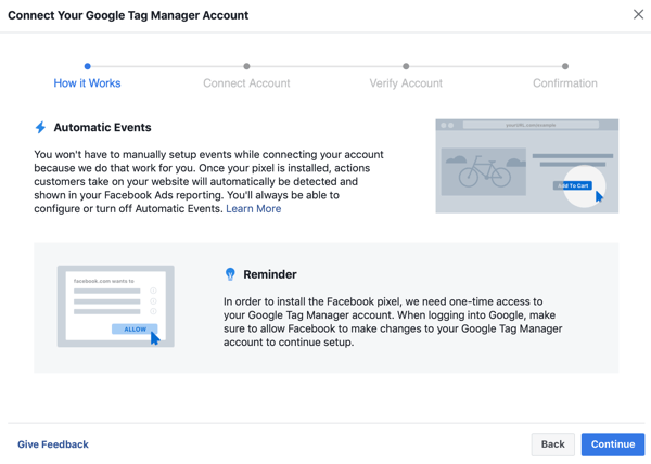 Usa Google Tag Manager con Facebook, passaggio 6, pulsante continua quando colleghi Google Tag Manager al tuo account Facebook