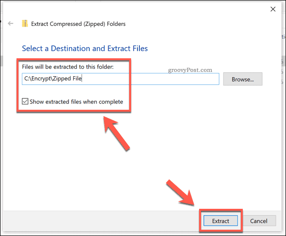 Le opzioni di estrazione per un file zip di Windows
