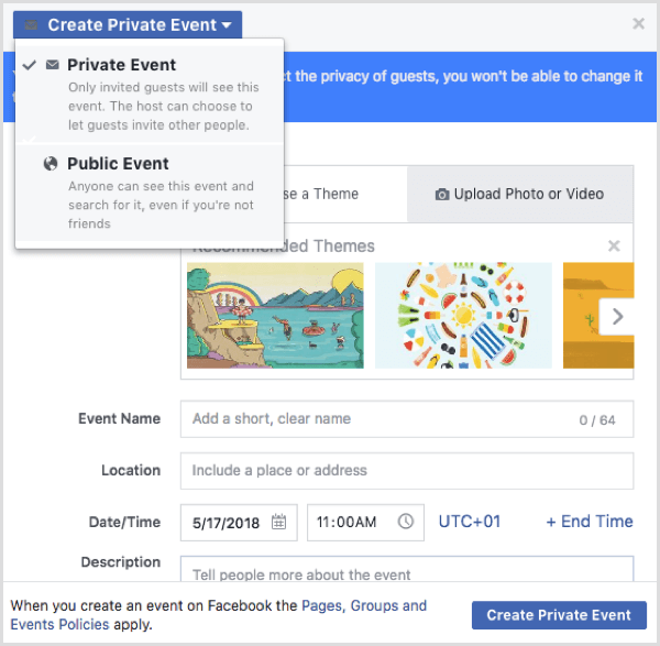 Opzioni dell'evento Facebook quando si crea un evento da un profilo Facebook