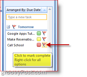 Barra delle cose da fare di Outlook 2007: fare clic su Flag attività per contrassegnare Completato
