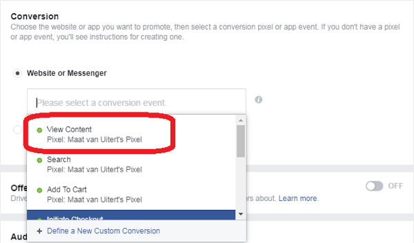 Se hai selezionato Conversioni come obiettivo dell'annuncio di Facebook Messenger, scegli un evento di conversione.