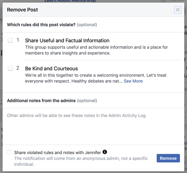 Come migliorare la community del tuo gruppo Facebook, esempio dell'opzione Facebook per identificare quali regole un post ha violato, nonché opzione per notificare il membro
