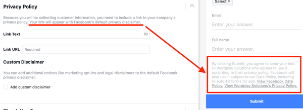 Esempio di una politica sulla privacy inclusa nelle opzioni di una campagna pubblicitaria principale di Facebook.