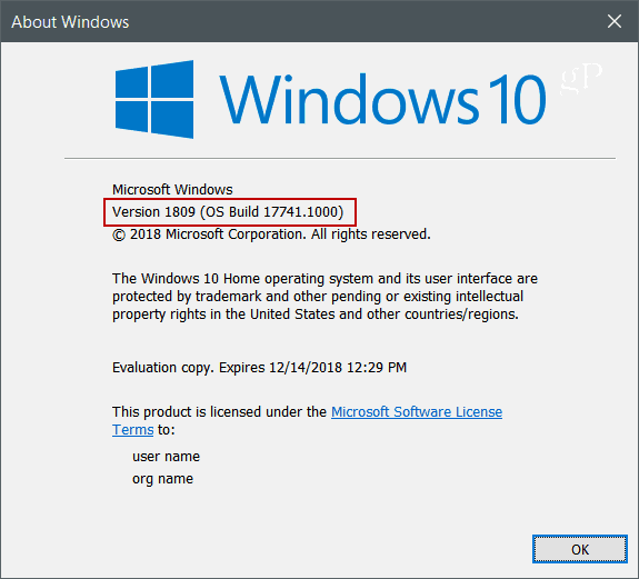 Winver Windows 10 versione 1809